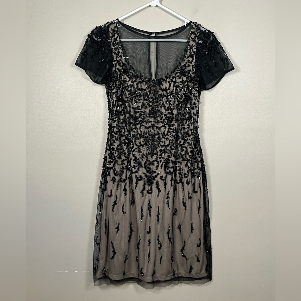Aidan Mattox Black Cocktail Sheath Dress Size 10 Mini Beaded Detail